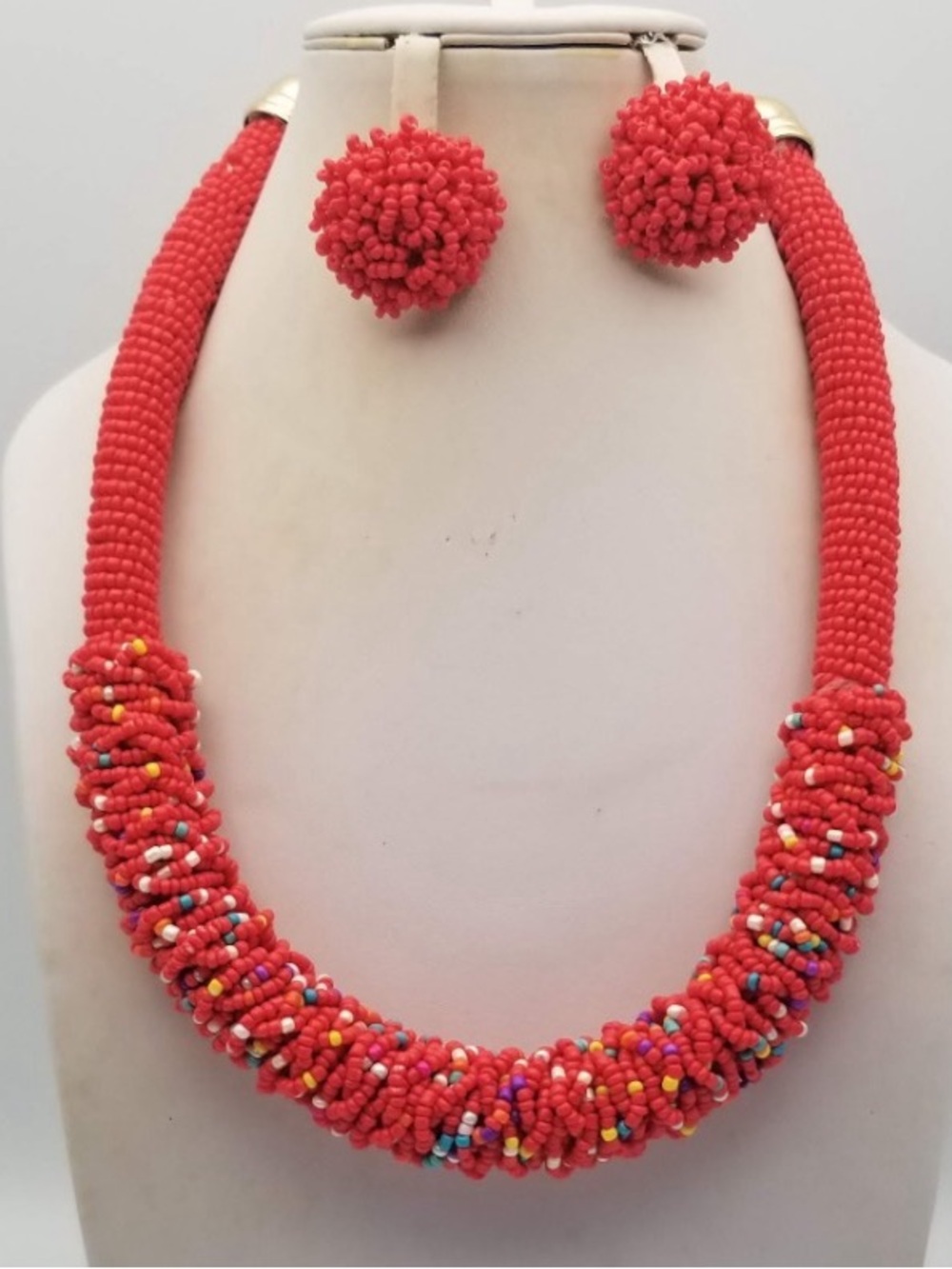 Handcrafted Coral Red Beaded Necklace & Earrings Set
